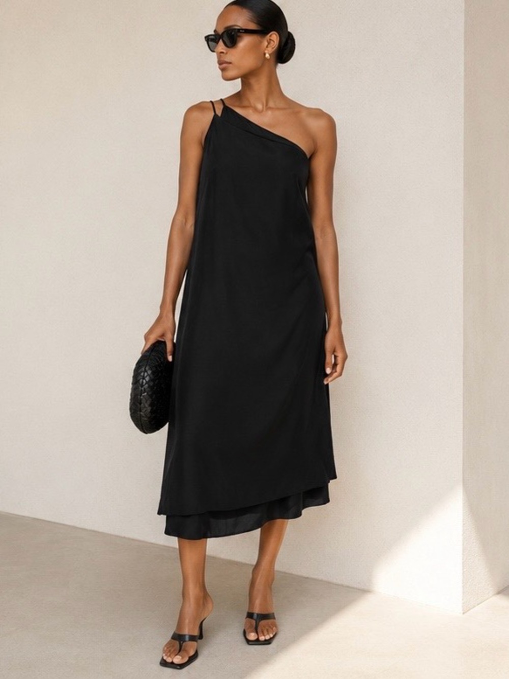 Filippa K Asymmetric Seersucker One Shoulder Black Midi Dress NWT 38